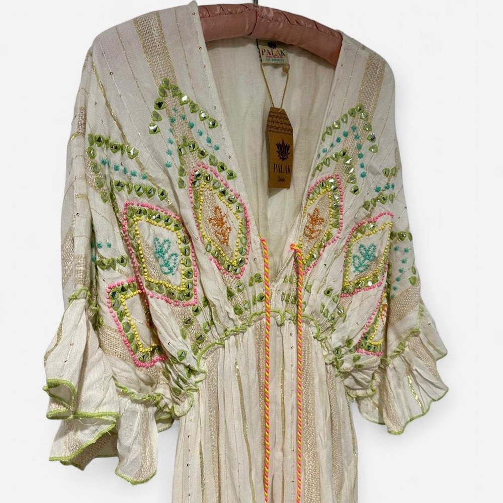 PALAK Boho Embroidered Beaded Cream Neon Detailed Maxi Dress One Size NWT - Picture 3 of 8
